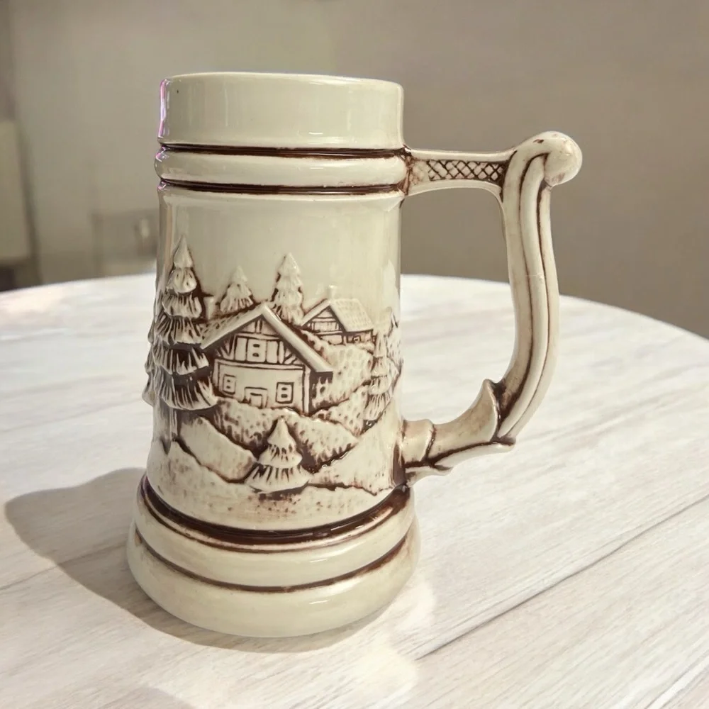 Vintage Ceramic Beer Mug Stein Brown Pine Tree And Cabin, No Chips Or Cracks